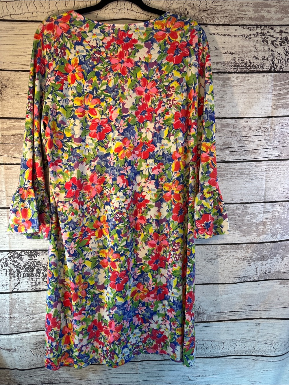 Caribbean Joe XL Floral Shift Dress Bell Sleeve Colorful Tropical Stretch Knit - Picture 4 of 4